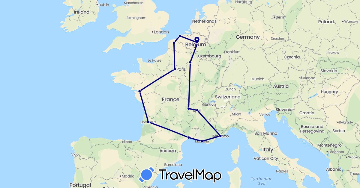 TravelMap itinerary: driving in Belgium, France, Monaco (Europe)